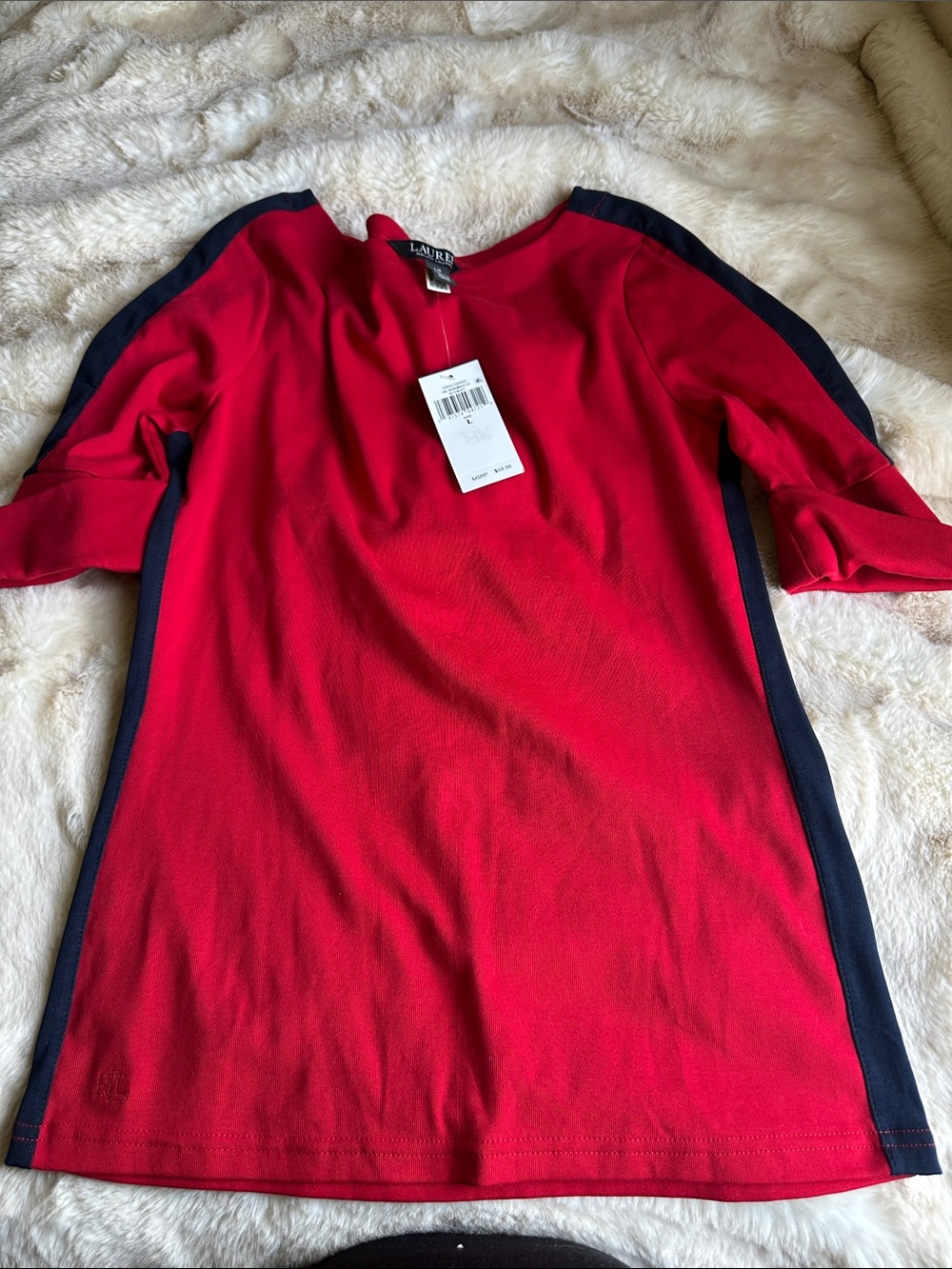 Lauren Ralph Lauren Two-Tone Stretch Cotton Elbow-Sleeve Tee. Sz L - Picture 5 of 11